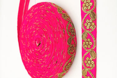 Fuchsia Pink Art Silk Trim with Gold Floral Embroidery and Gold Sequins Indian Sari Border Trim By 3 Yards Decorative Trim Craft Lace